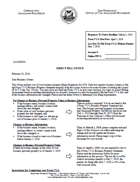 Direct Bill Notice Ccsf Office Of Assessor Recorder 3884